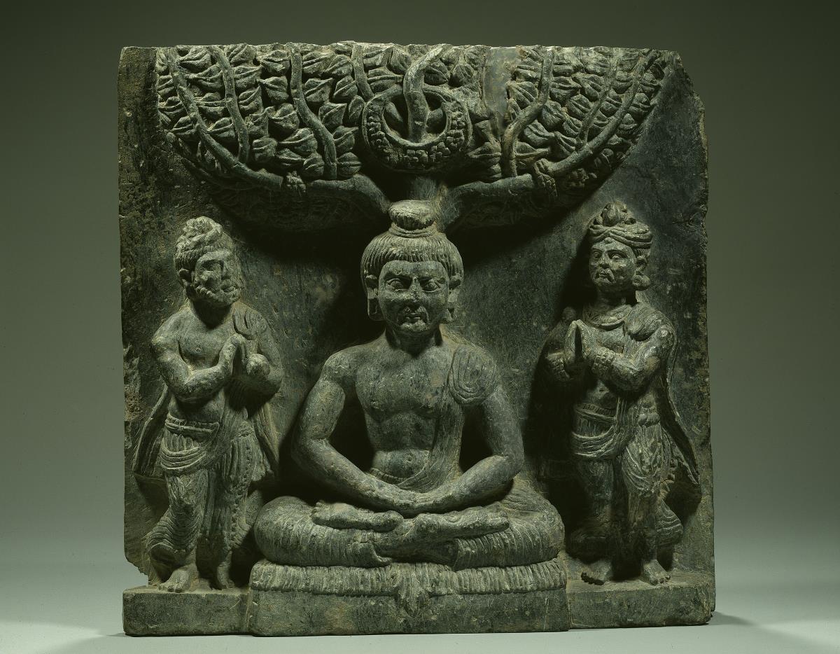 Erzählende Szene: Indra und Brahma bitten den Buddha um erste Predigt