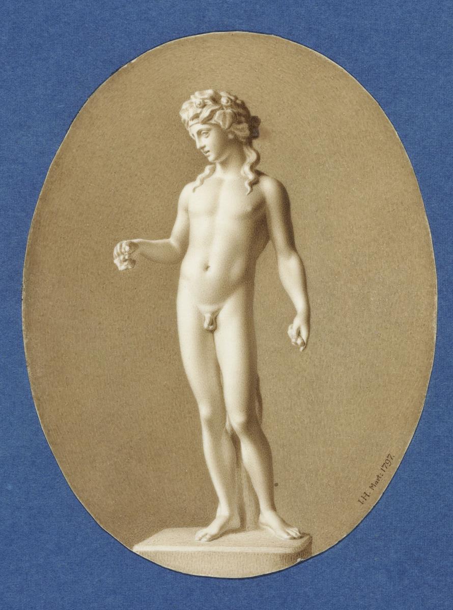 Statue eines jungen Kastagnettenschlagers, von vorn gesehen, Kopf nach links geneigt