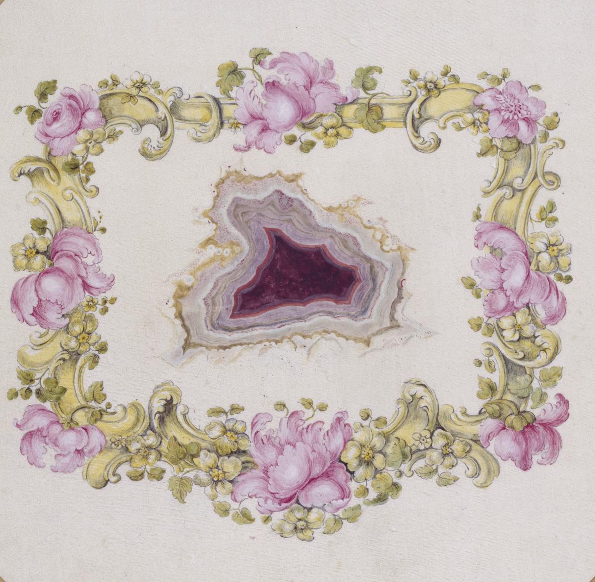 Tabatierenentwurf. Variante des Vorigen. Die Blumen der Umrandung z. T. rosa