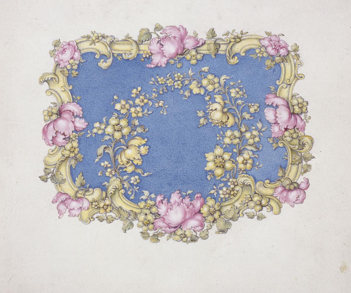 Tabatierenentwurf. Die gleiche Umrandung wie vorher umgibt ein türkisblaues Feld mit aufgelegten goldenen Blumenzweigen