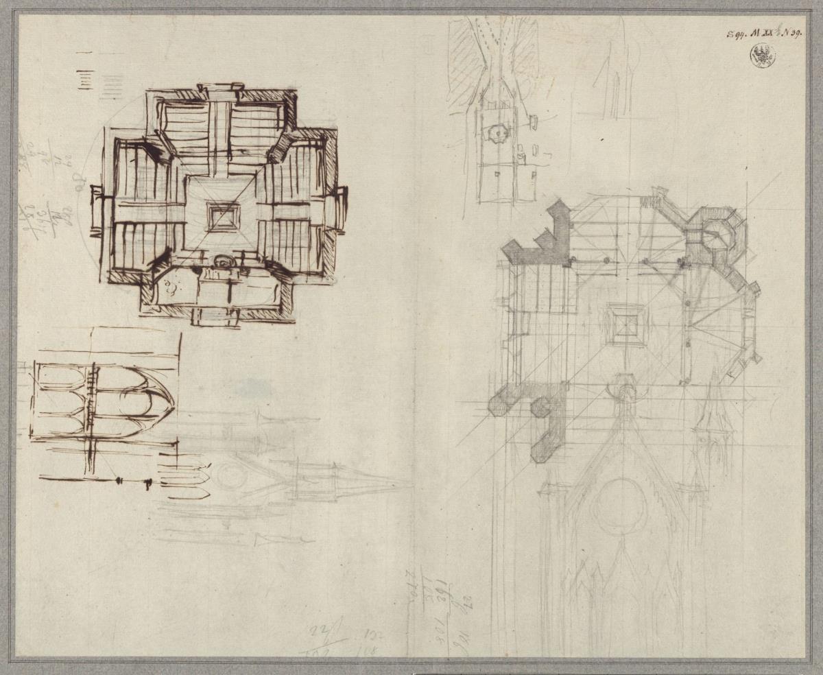 Großbeeren. Entwurf zur Dorfkirche. Grundrisse, Details, Aufrisse.