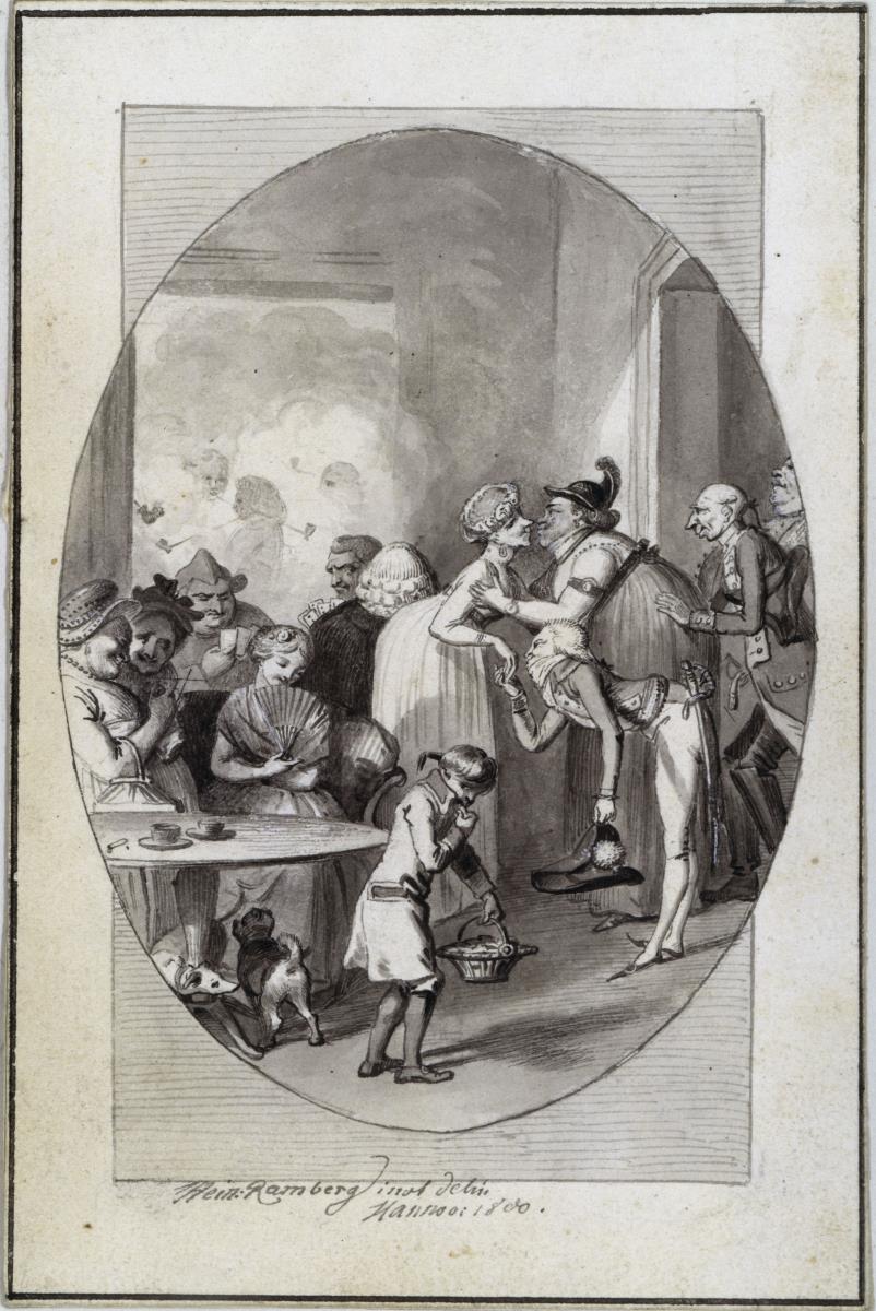 Illustration: Humoristische Gesellschaftszene, in ovaler Rahmung