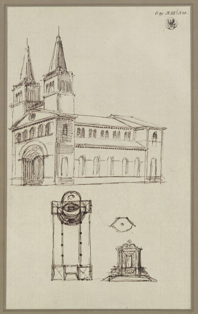 Skizze zu einer Basilika mit westlicher Turmfront und Chorriegel. Ansicht, Grundriss und Details