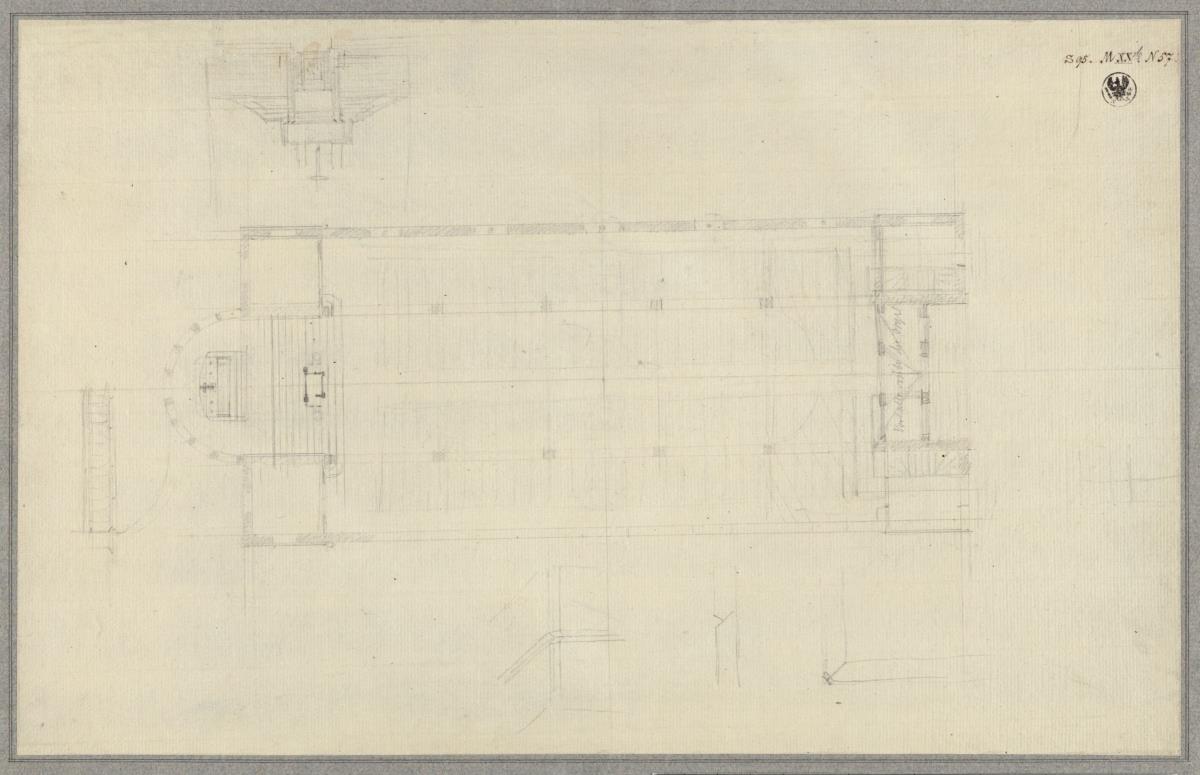 Heilsberg (Lidzbark Warmiński), ehem. Regierungsbezirk Königsberg (Województwo Warmiński-Mazurskie). Skizze zur evangelischen Kirche. Grundriss und Details