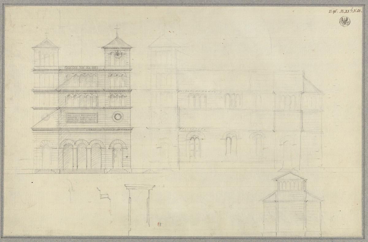 Heilsberg (Lidzbark Warmiński), ehem. Regierungsbezirk Königsberg (Województwo Warmiński-Mazurskie). Skizze zur evangelischen Kirche. Westansicht, Querschnitt und Details