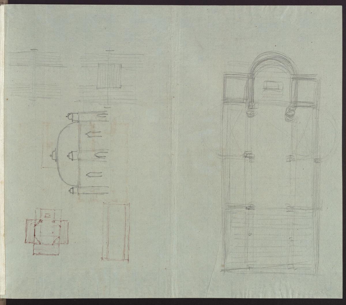 Entwurf zu einer dreischiffigen Kirchen. Oktogonaler Zentralbau. Balkenverbund, Grundriss und Ansicht