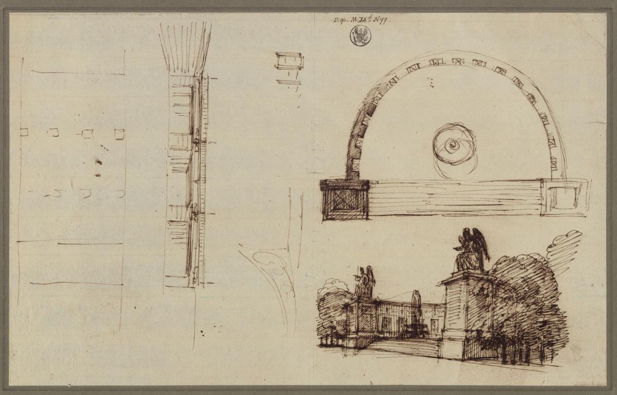 Berlin, Unter den Linden. Skizze zu einem Denkmal der Befreiungskriege (?). Entwurf zu einem Denkmalsbrunnen mit halbrunder Fassung