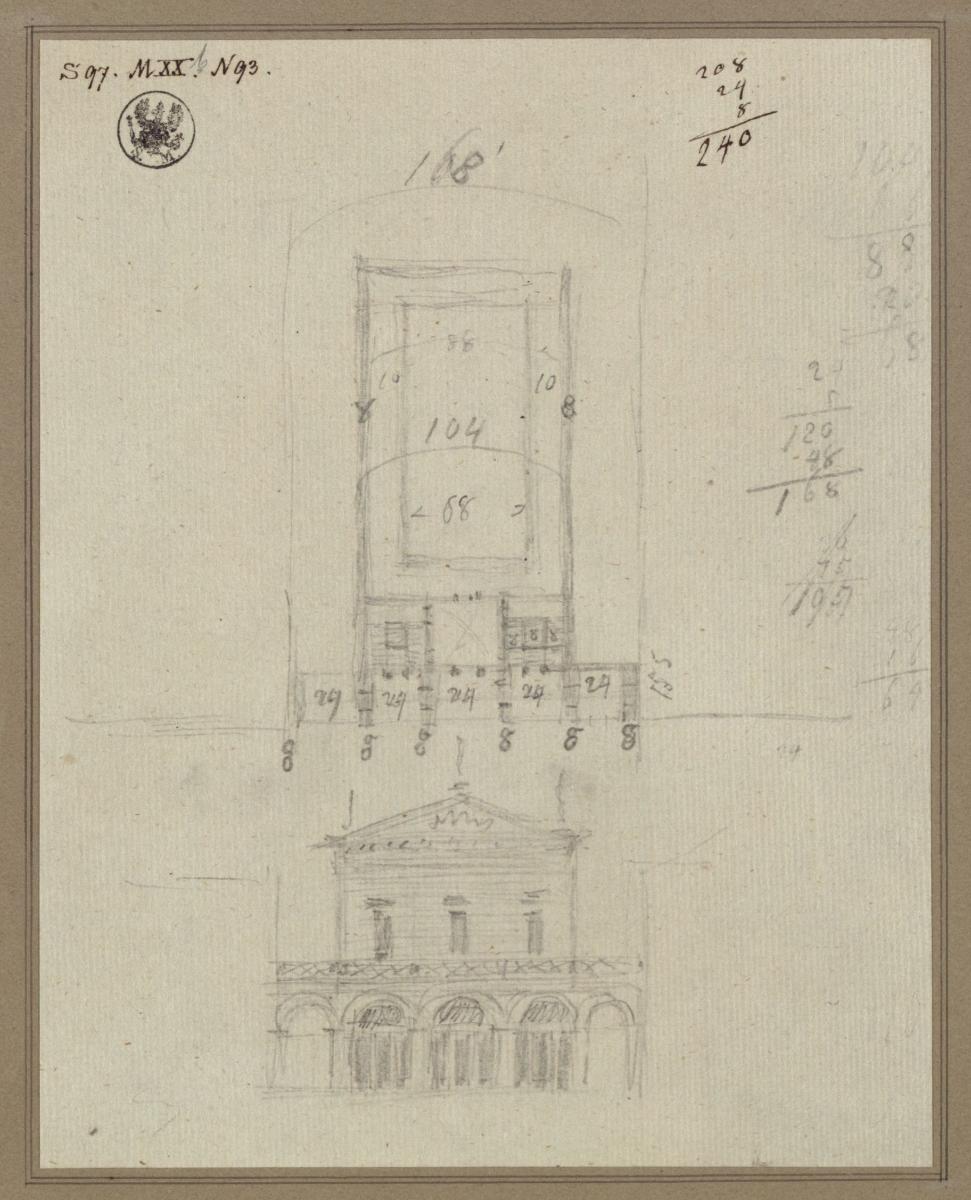 Entwurf für eine Börse. Grundriss und Fassade