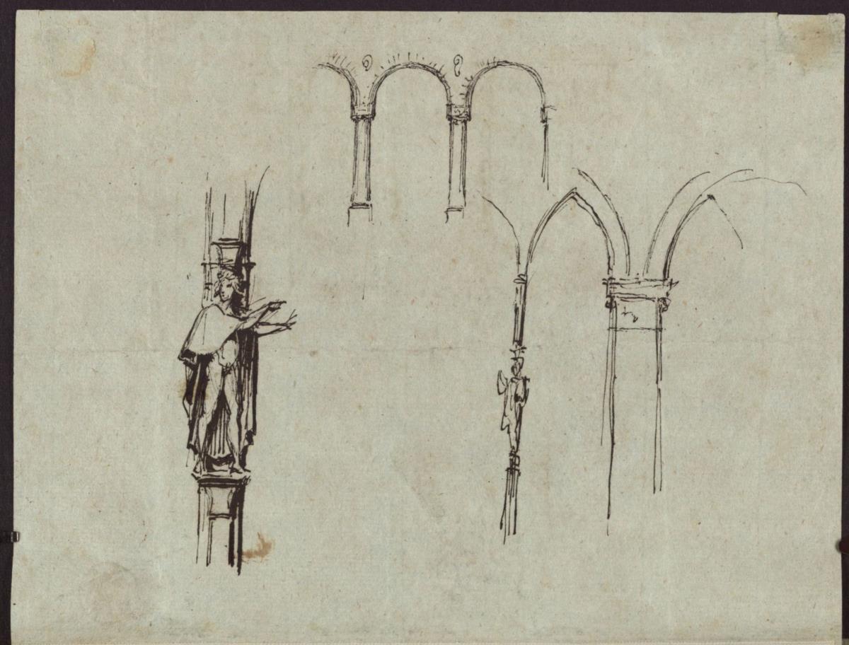 Skizze von Rund- und Spitzbogenarkatur und Pfeilerfigur