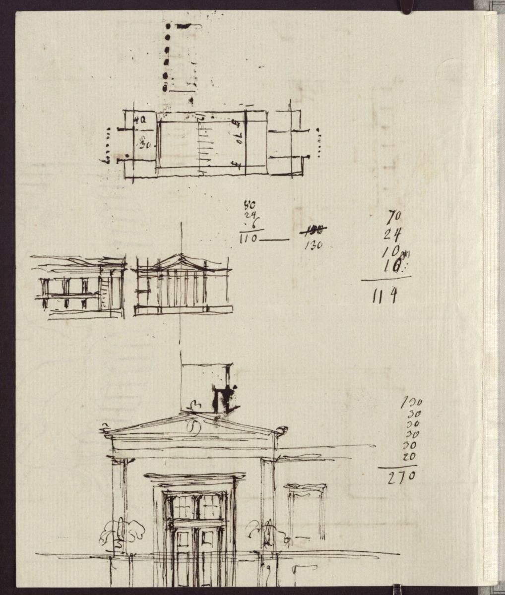 Potsdam-Sanssouci. Schloss Charlottenhof. Studien zu einem längsrechteckigen Bau mit Portiken an den Schmalseiten
