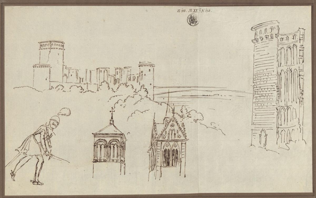 Burgruine über einer (englischen?) Ebene & Ritter & Zwei Glockenstuben von Kirchtürmen & Ruine eines gotischen Rundturms