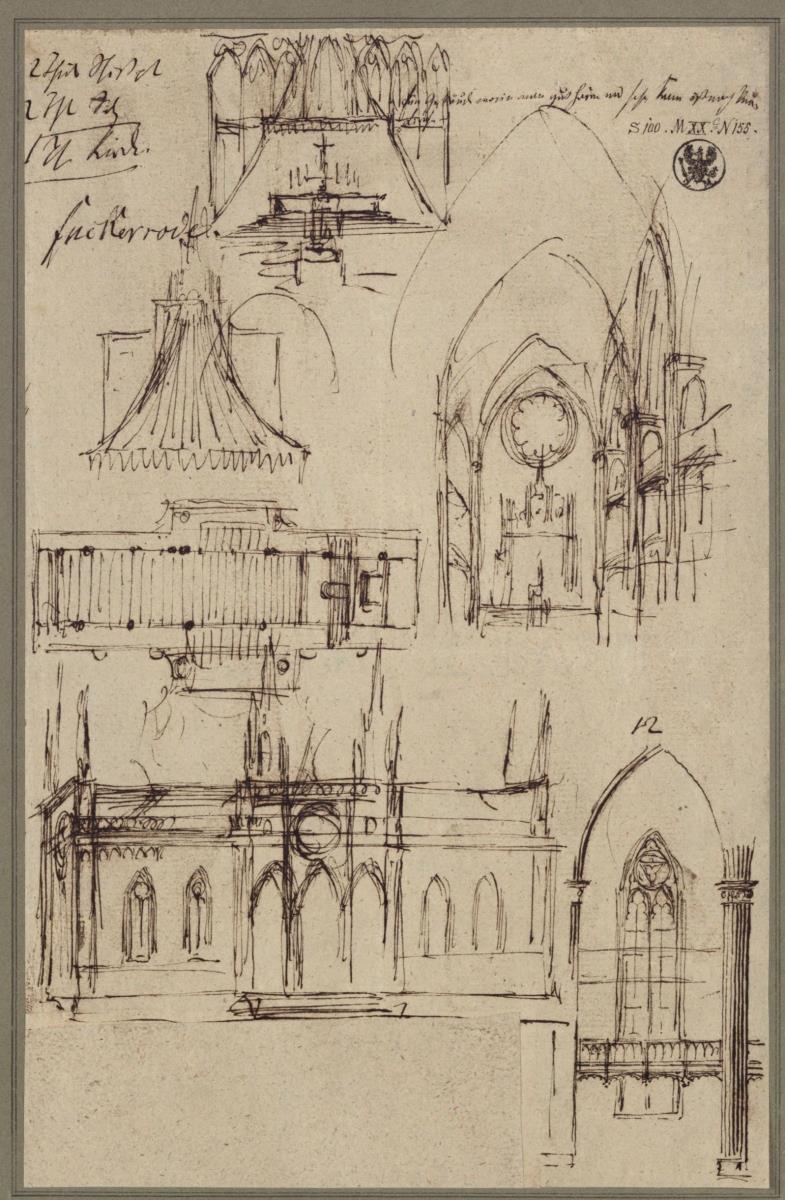 Berlin. Petrikirche. Plan zum Wiederaufbau im gotischen Stil. Sechs Einzelstudien für die Kreuzhallenkirche