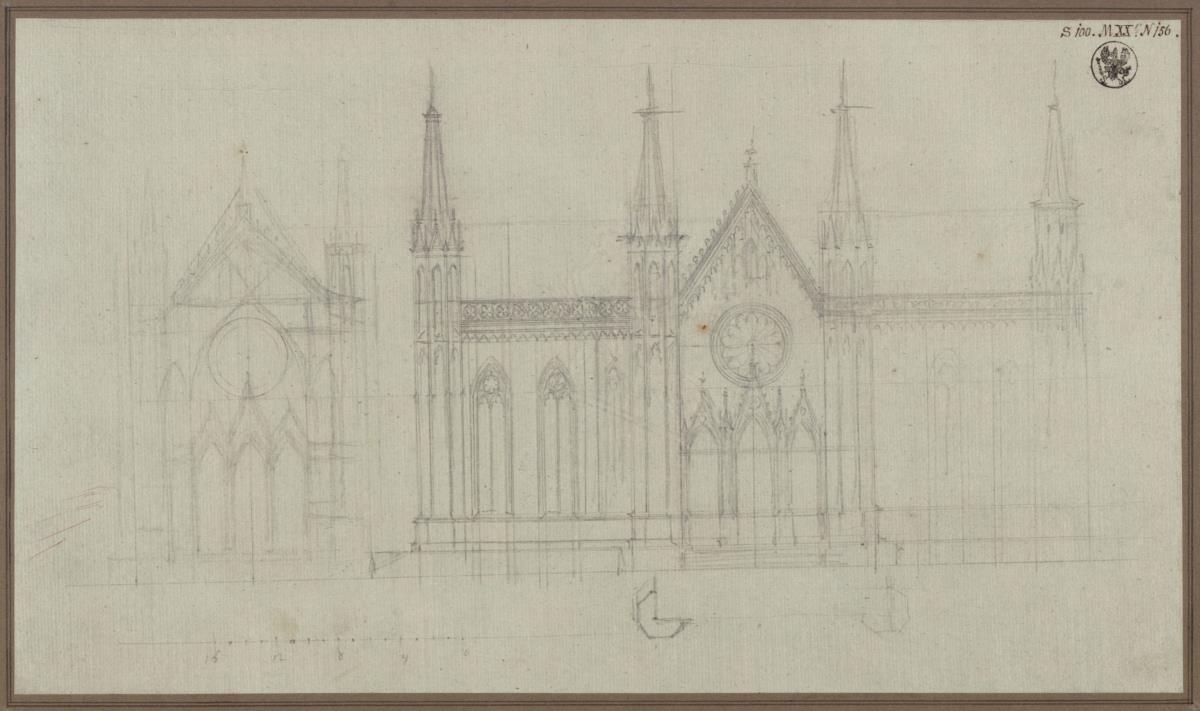 Berlin. Petrikirche. Plan zum Wiederaufbau im gotischen Stil. Zwei Aufrisse