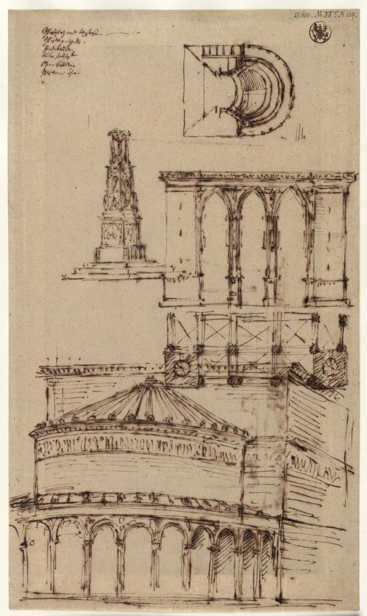 Entwurfskizzen zu einem Theater & Entwurf zu einem Denkmal & Entwurf zu einer dreibogigen gotischen Halle
