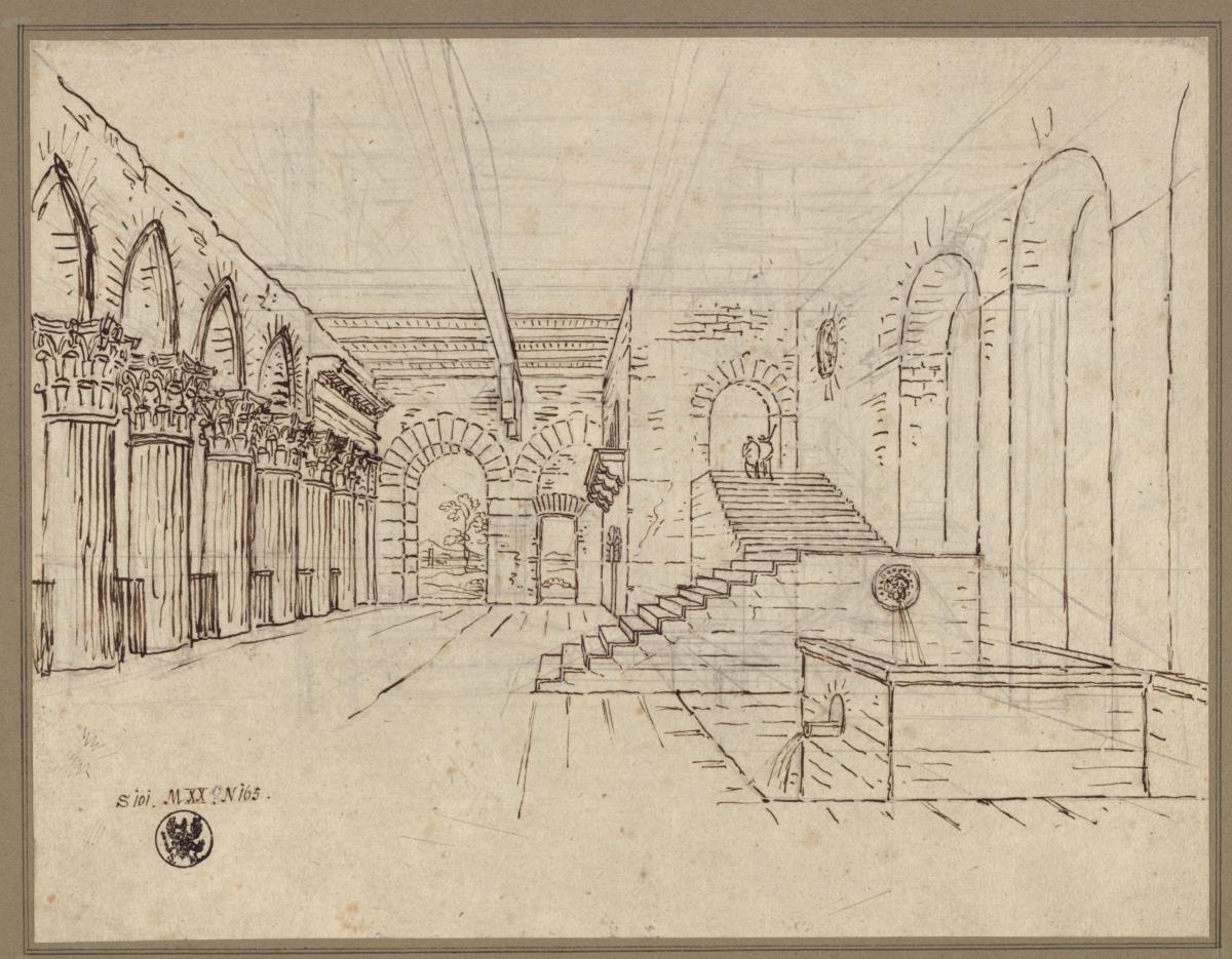 Innere Ansicht einer Halle mit Säulenreihe und Treppe