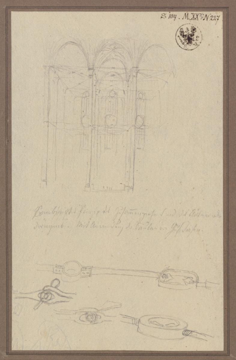Entwurf einer rundbogigen Hallenkirche mit gusseisernen Säulen. Innenansicht und Details der Eisenanker und Gelenkstücke