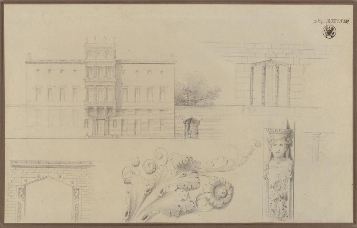 Berlin. Entwurf für eine Palastfassade mit Mittelerker. Ansicht und Details