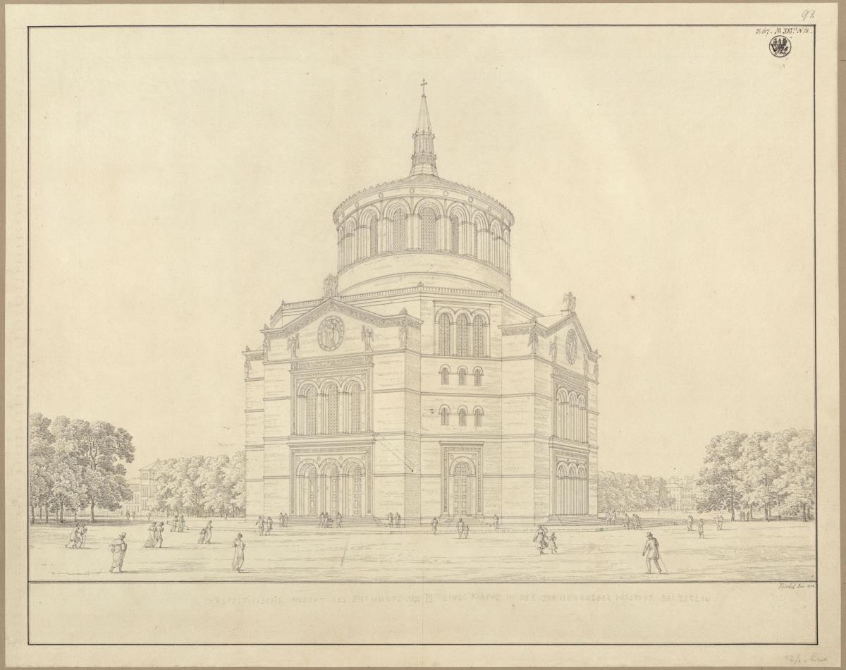 Berlin, Oranienburger Vorstadt. Entwurf zu einer Kirche (Vorstadtkirche Typ 5, "Kirche in Kreuzform"). Perspektivische Ansicht
