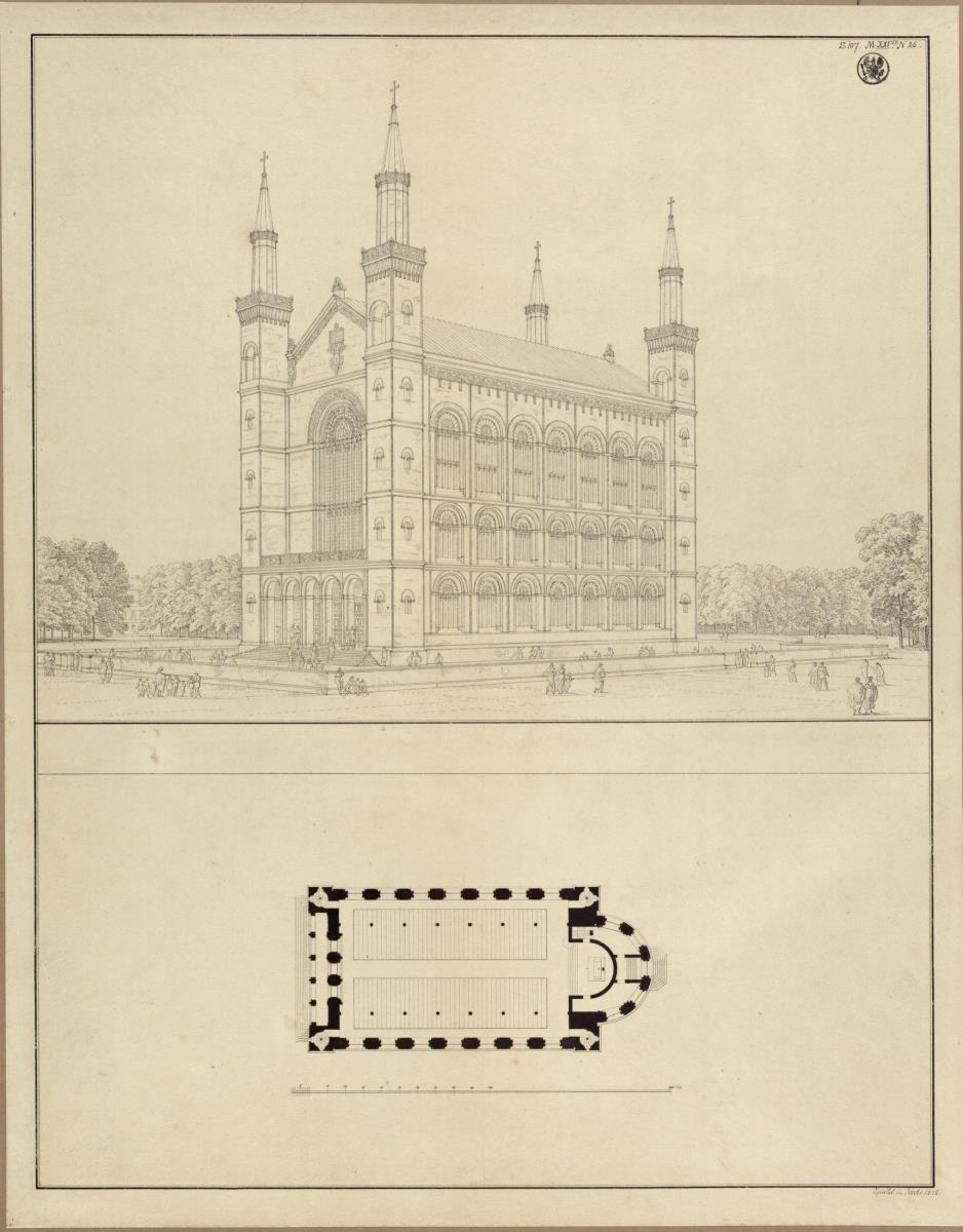 Berlin, Oranienburger Vorstadt. Entwurf zu einer Kirche (Vorstadtkirche Typ 3, "Kirche mit vier Türmen". Perspektivische Ansicht und Grundriss