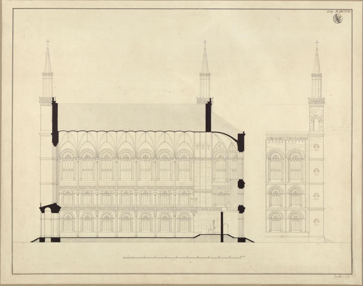 Berlin, Oranienburger Vorstadt. Entwurf zu einer Kirche (Vorstadtkirche Typ 3, "Kirche mit vier Türmen").  Längsschnitt und Teilaufriss