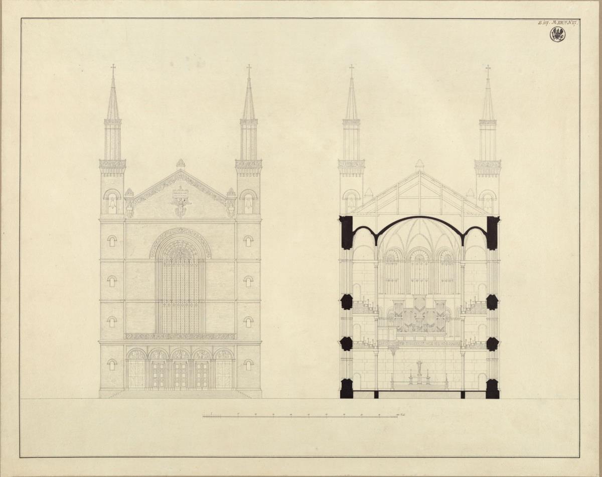 Berlin, Oranienburger Vorstadt. Entwurf zu einer Kirche (Vorstadtkirche Typ 3, "Kirche mit vier Türmen"). Fassadebaufriss und Querschnitt