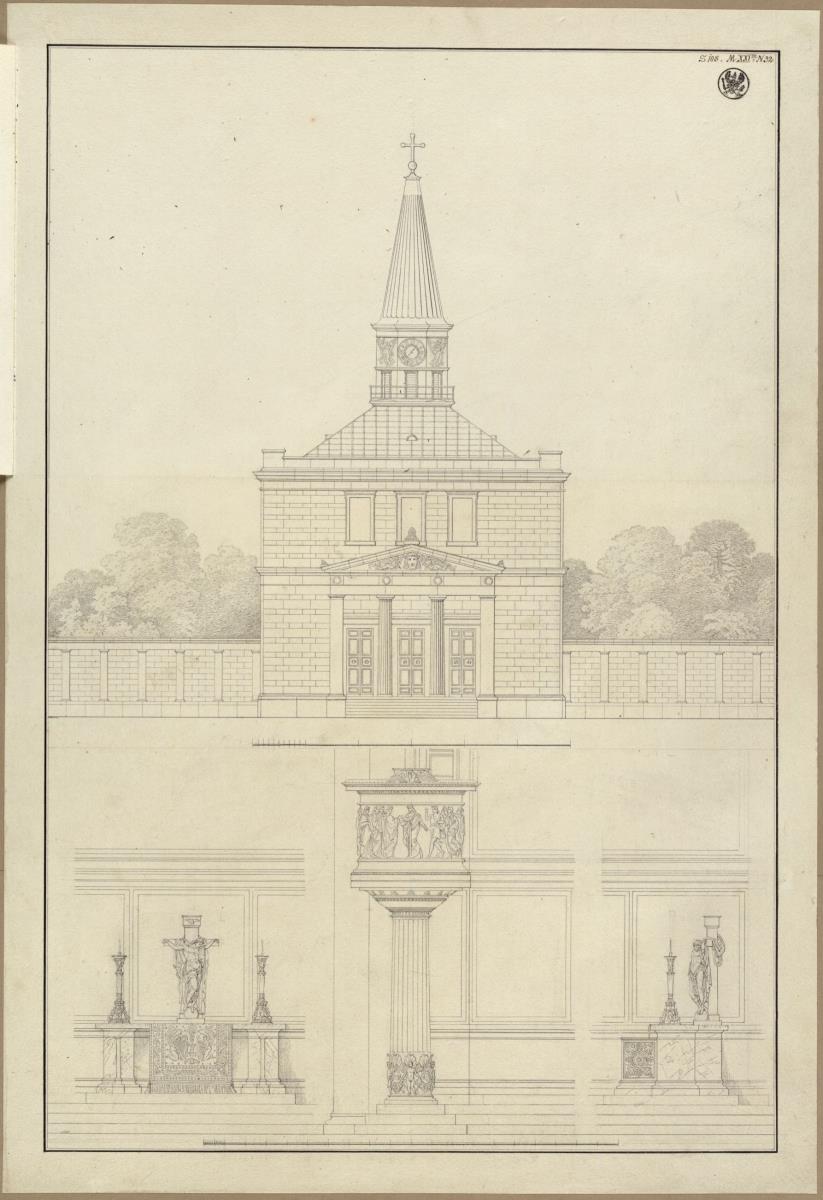 Entwurf  zu einer kleinen Kirche über quadratischem Grundriss mit Dachreiterturm, zum Altar und zur Kanzel. Vorzeichnung (nicht ausgeführt) zum Stich in der "Sammlung architektonischer Entwürfe", Heft 11, Tafel 68, 1826