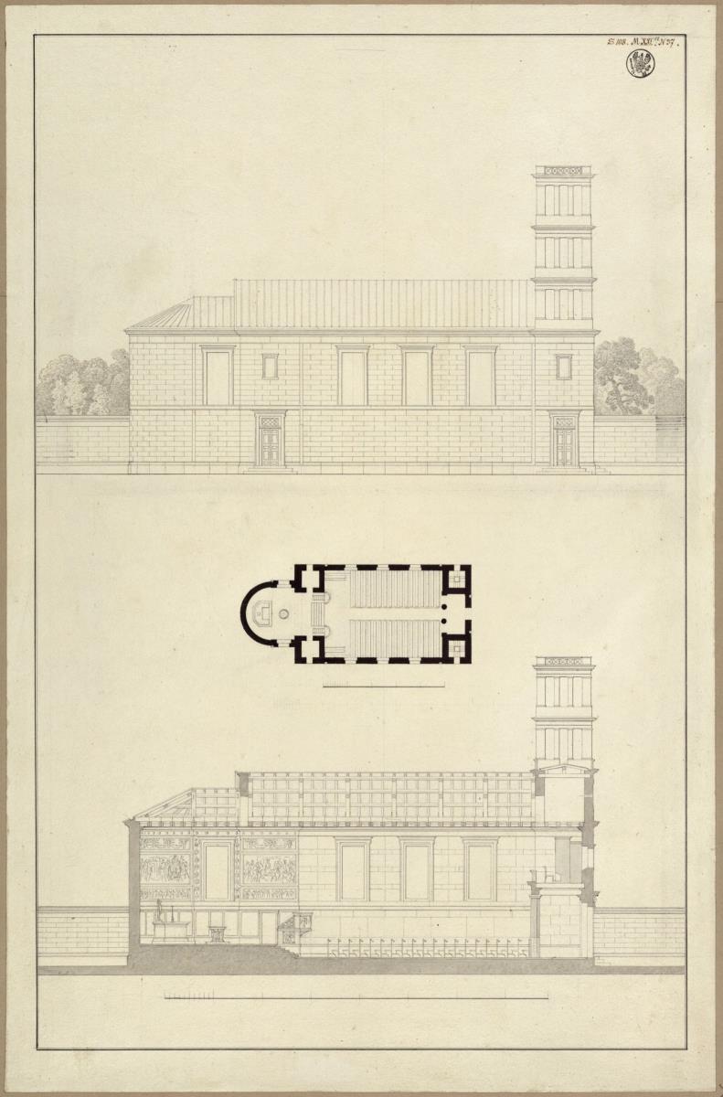 Malmedy. Schönberg. St. Georg. Seitenansicht und Längsschnitt