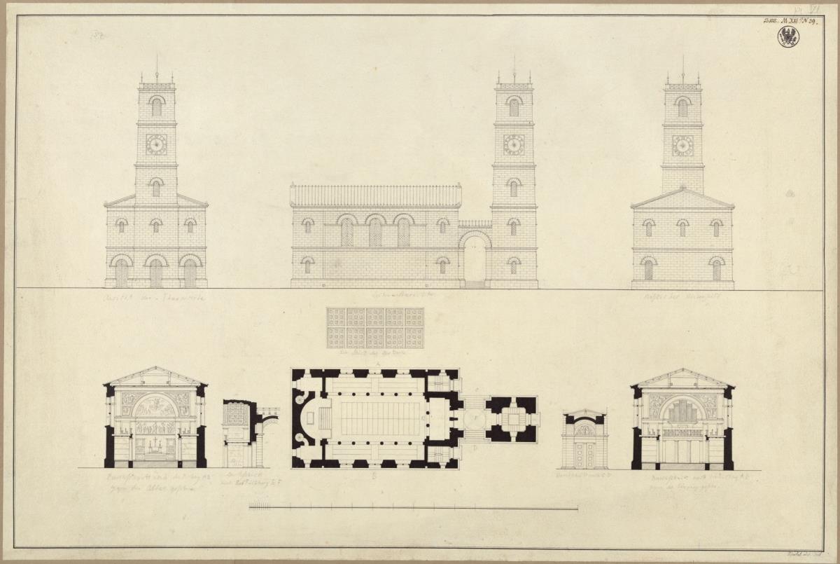 Petzow bei Potsdam. Entwurf zum Neubau der Dorfkirche / Entwurf zu einer Kirche mit getrenntem Turm. Ansichten, Risse und Schnitte