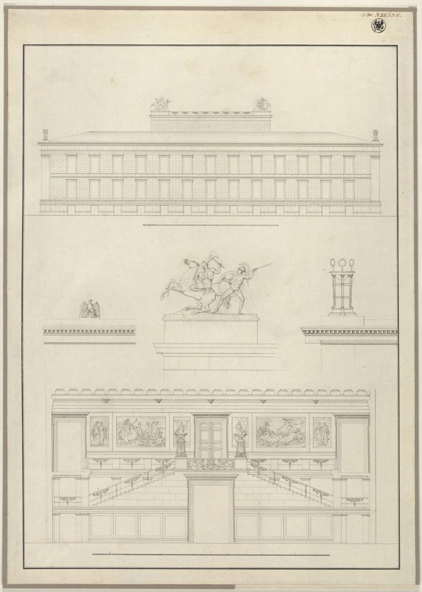 Berlin. Altes Museum am Lustgarten. Aufriss der Rückfassade, der Haupttreppe und  Details zum Skulpturenschmuck des Daches