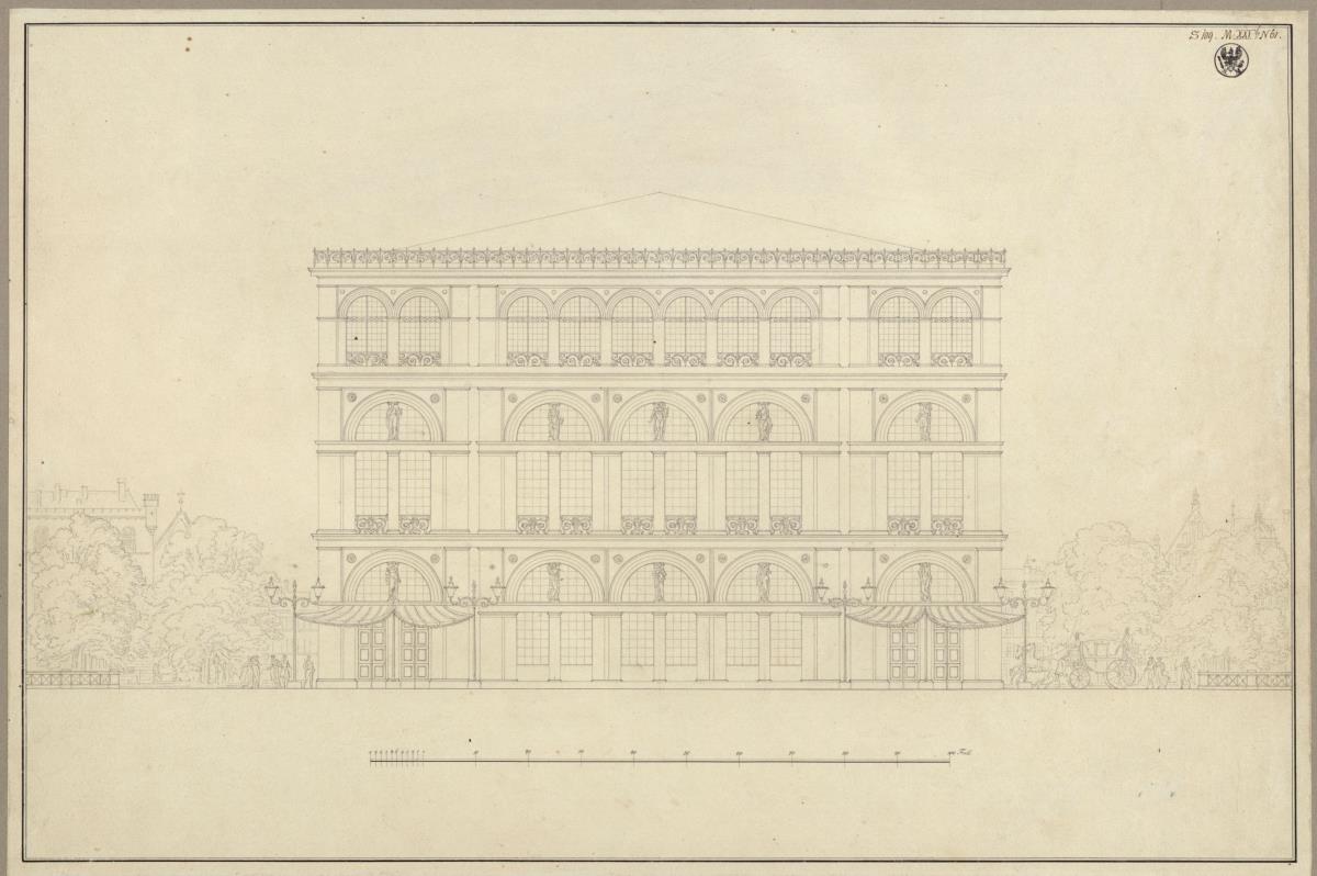 Hamburg. Theater. Vorderansicht. Vorzeichnung zum Stich in der "Sammlung architektonischer Entwürfe", Heft 12, Tafel 74, 1828