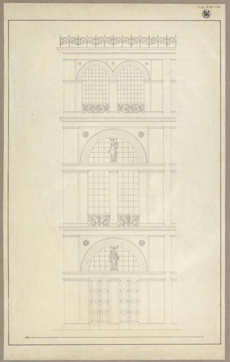 Hamburg. Theater. Eine Achse der Fassade. Vorzeichnung zum Stich in der "Sammlung architektonischer Entwürfe", Heft 12, Tafel 75, 1828
