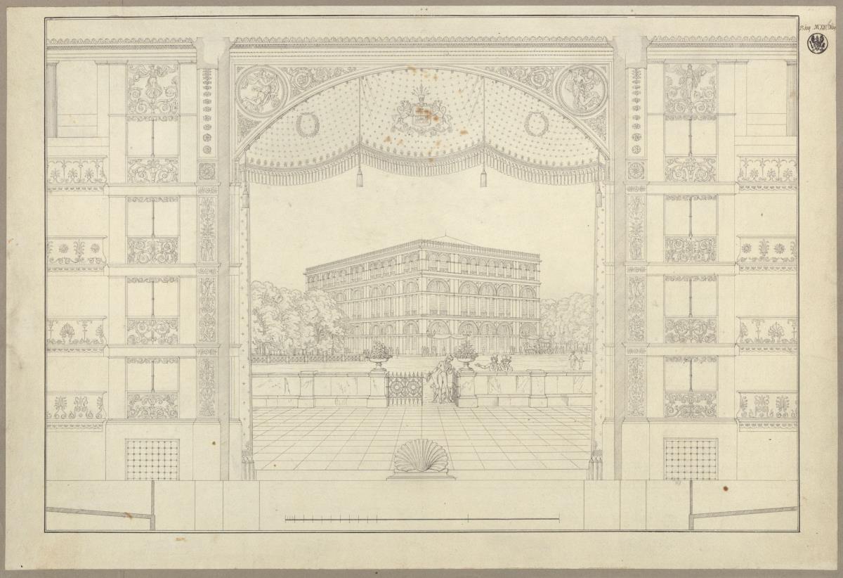 Hamburg. Theater. Perspektivische Ansicht des Theaters als Szenenbild. Vorzeichnung zum Stich in der "Sammlung architektonischer Entwürfe", Heft 12, Tafel 77, 1828