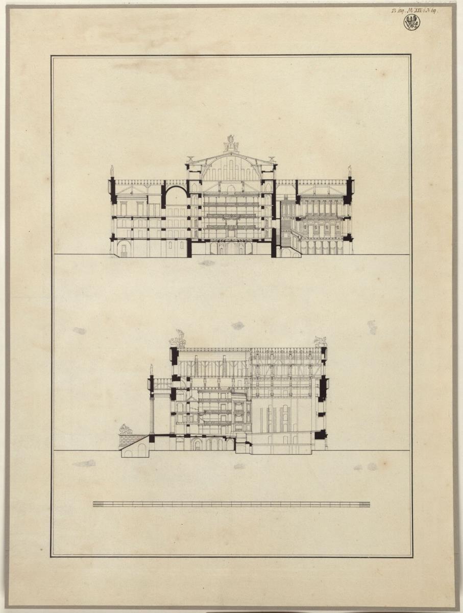 Berlin. Schauspielhaus auf dem Gendarmenmarkt. Längsschnitt und Querschnitt