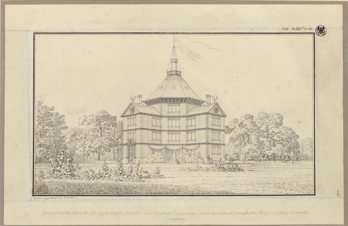 Ostrowo (Ostrów Wielkopolski), ehemals Regierungsbezirk Posen (Województwo Wielkopolskie). Jagdschloss Antonin. Perspektivische Ansicht