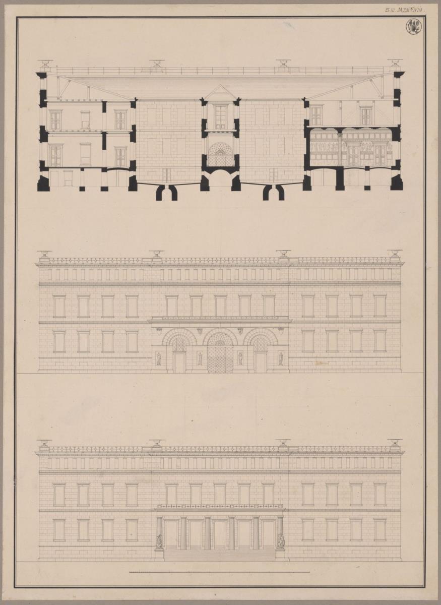 Kressendorf (Krzeszowice) bei Krakau. Schloss. Zwei Fassadenaufrisse und Schnitt