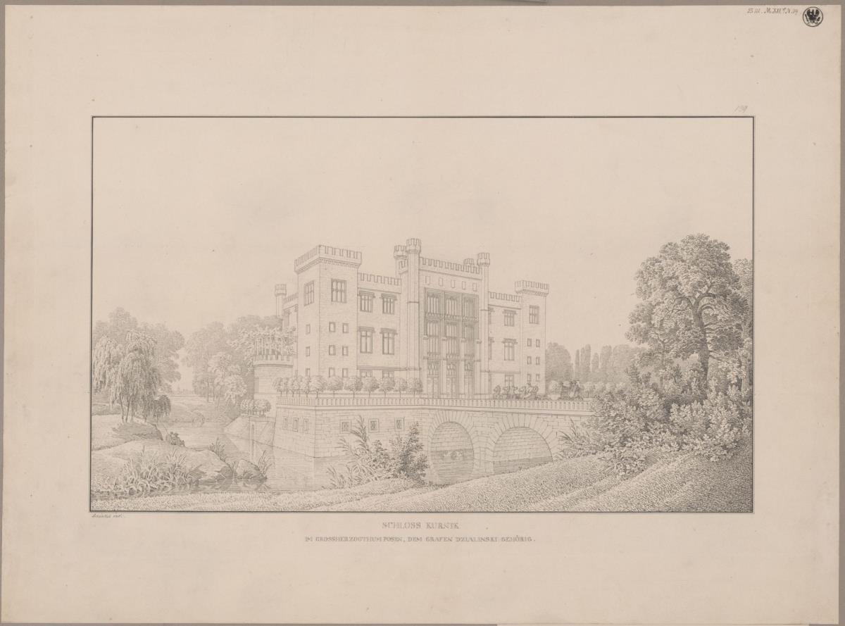 Kurnik (Kórnik), Regierungsbezirk Posen (Województwo Wielkopolskie).  Umbauentwurf zum Schloss. Perspektivische Ansicht