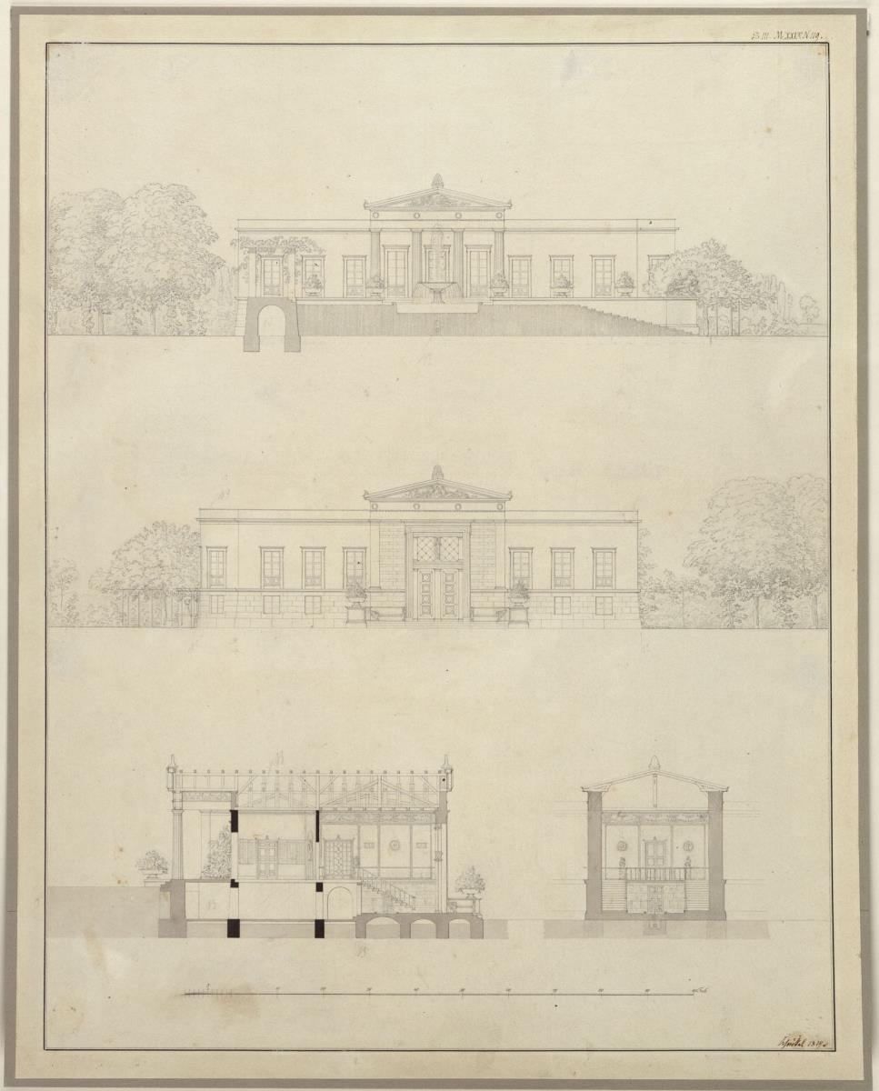Potsdam-Sanssouci. Schloss Charlottenhof. Zwei Ansichten und zwei Schnitte