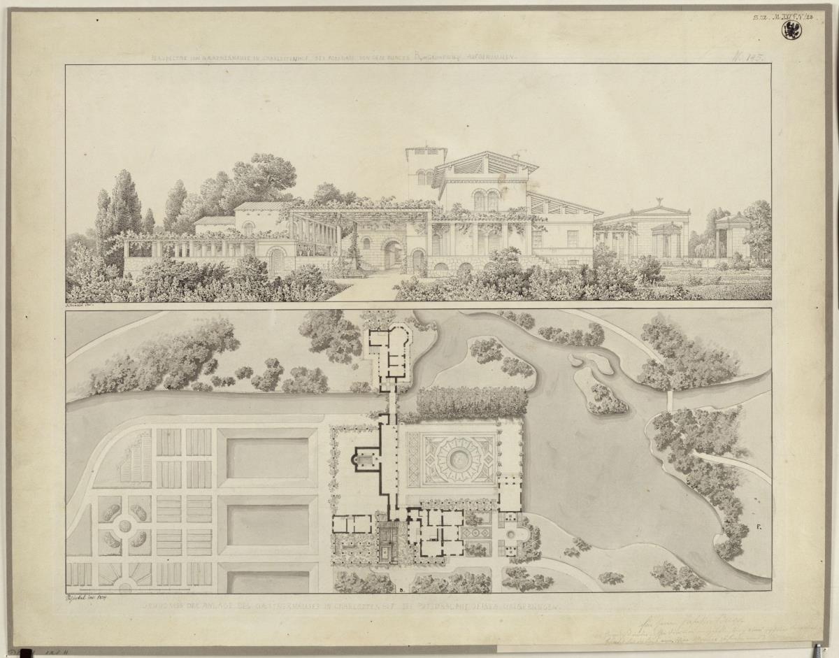 Potsdam-Sanssouci. Römische Bäder bei Schloss Charlottenhof. Ansicht von Westen und Grundriss des Gärtnerhauses