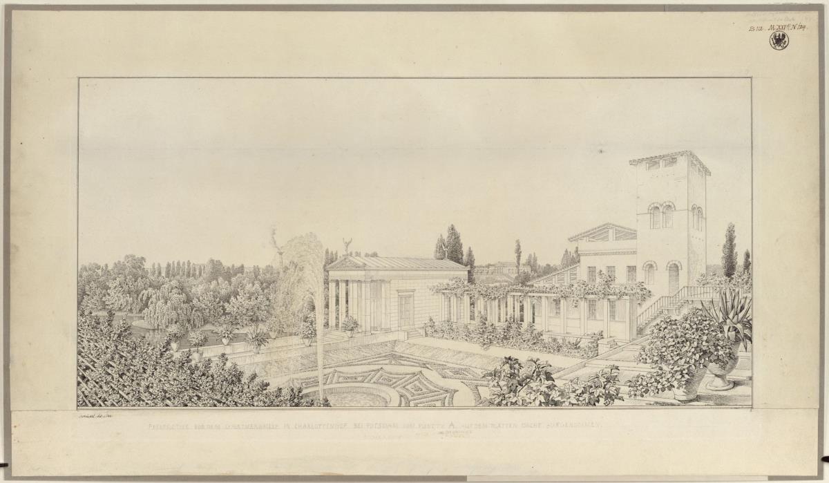 Potsdam-Sanssouci. Römische Bäder bei Schloss Charlottenhof, Gärtnerhaus vom Dach des Bades aus gesehen