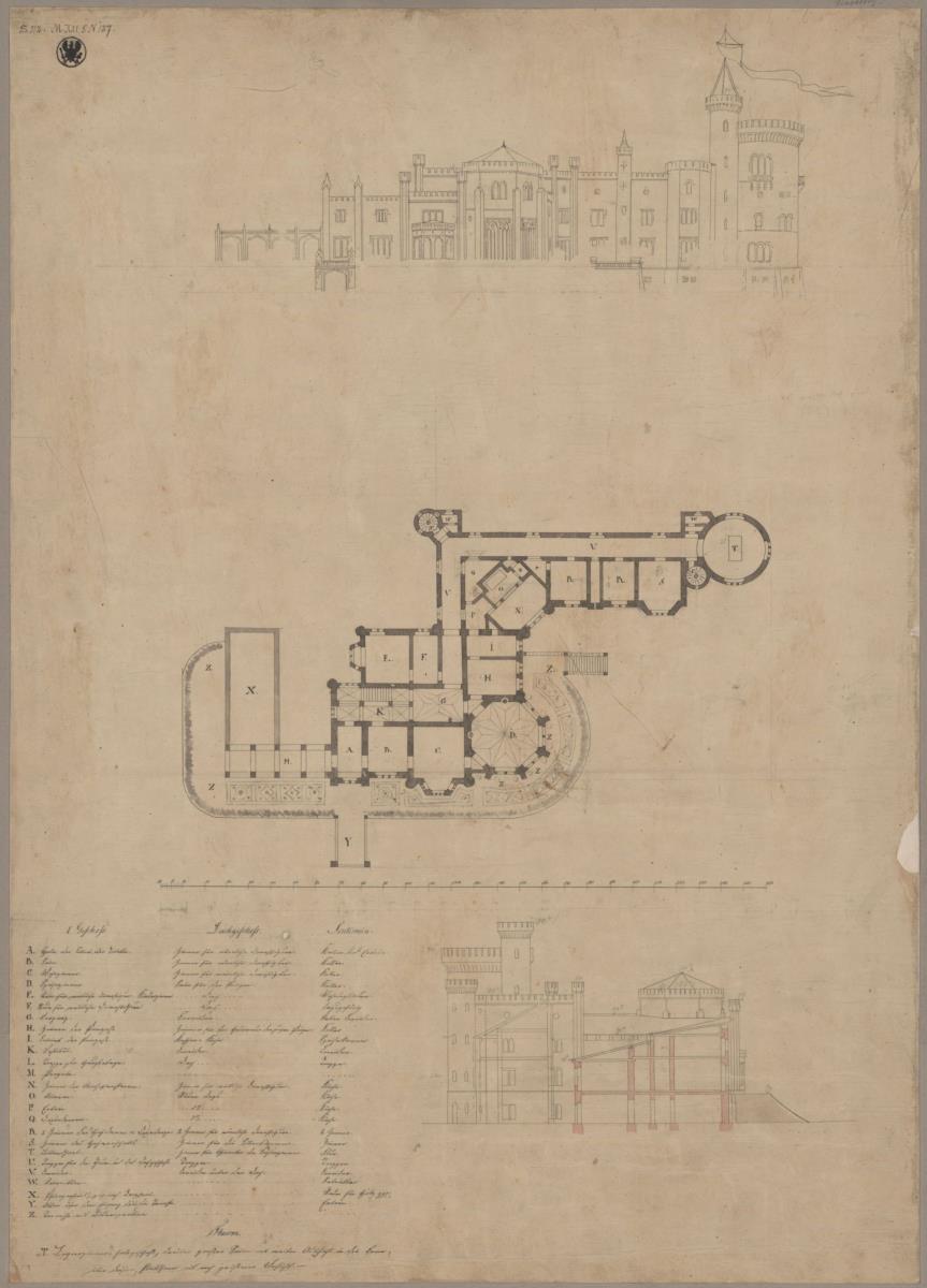 Potsdam. Schloss Babelsberg. Veränderte Ansicht und Grundriss