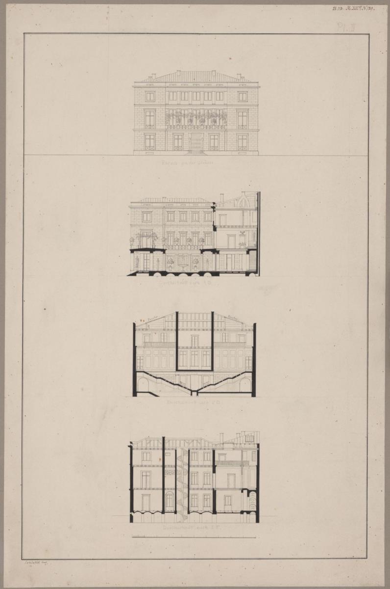 Entwurf zu einem städtischen Wohngebäude. Vorzeichnung zum Stich in der "Sammlung architektonischer Entwürfe", Heft 10, Tafel 62 (rechte Hälfte), 1826