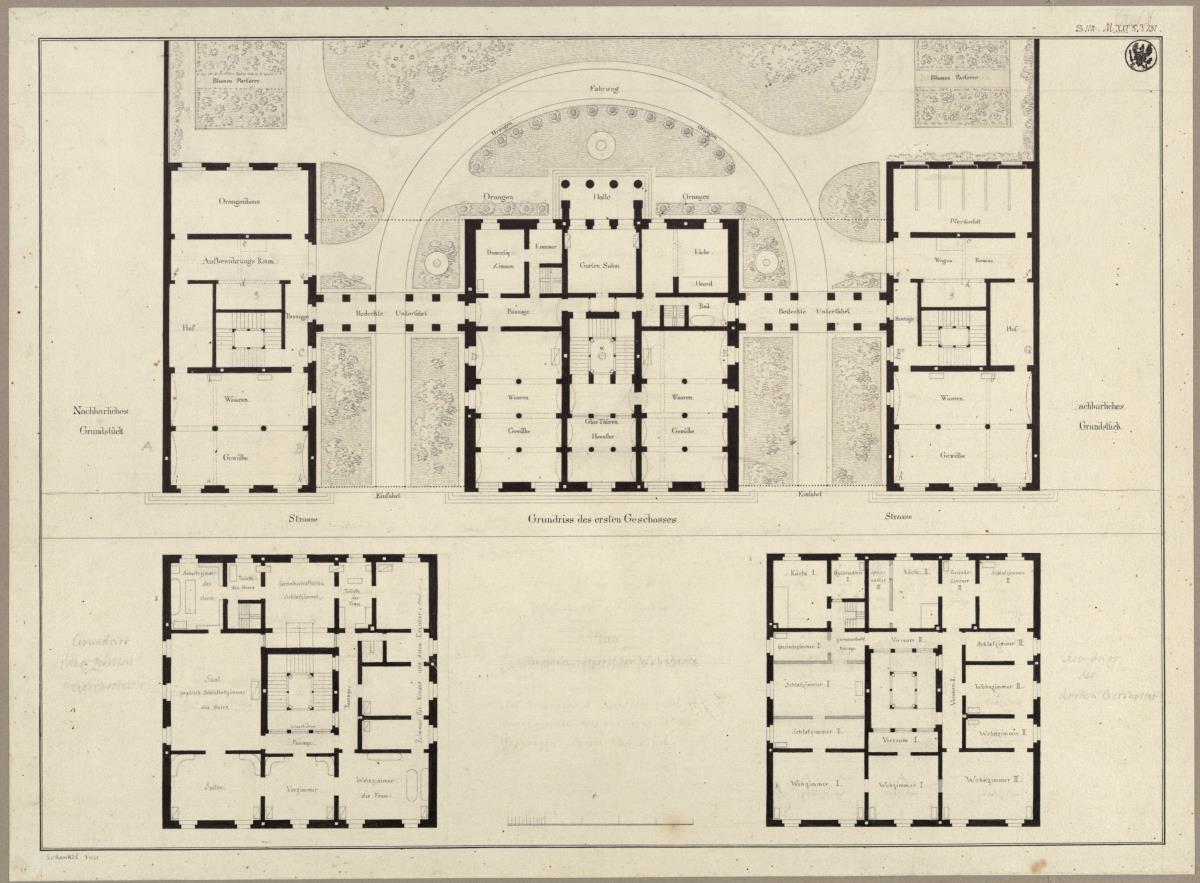 Entwurf zu einem städtischen Wohngebäude. Vorzeichnung zum Stich in der "Sammlung architektonischer Entwürfe", Heft 10, Tafel 65, 1826