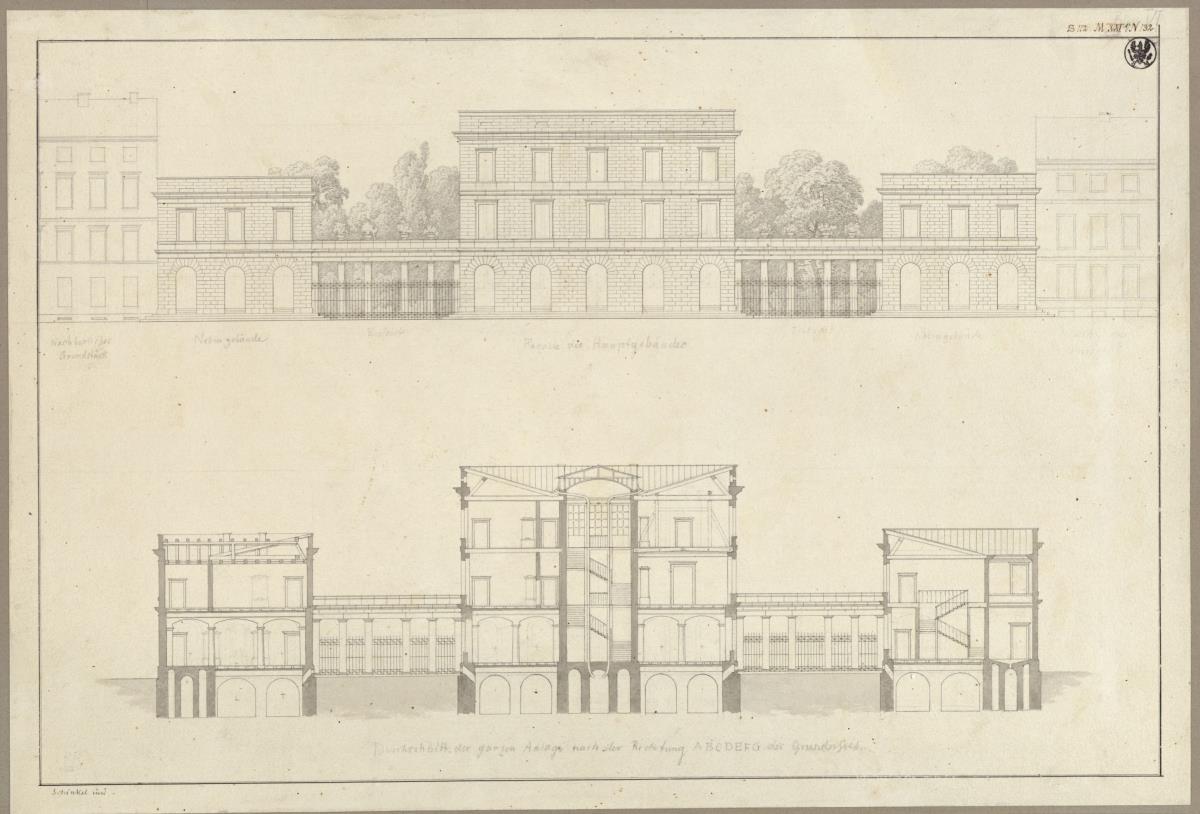 Entwurf zu einem städtischen Wohngebäude. Vorzeichnung zum Stich in der "Sammlung architektonischer Entwürfe", Heft 10, Tafel 66, 1826