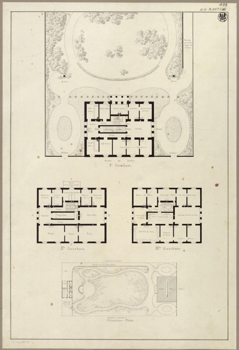 Entwurf zu einem städtischen Wohngebäude. Vorzeichnung zum Stich in der "Sammlung architektonischer Entwürfe", Heft 9, Tafel 57, 1826