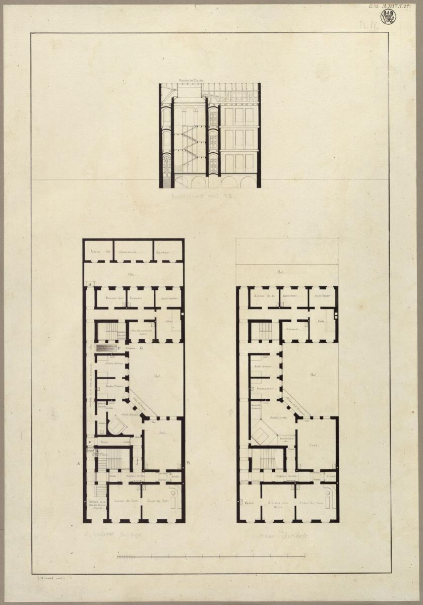 Entwurf zu einem städtischen Wohngebäude. Vorzeichnung zum Stich in der "Sammlung architektonischer Entwürfe", Heft 10 Tafel 64, 1826