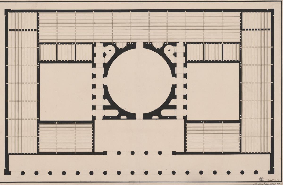 Berlin. Altes Museum am Lustgarten. Grundriss des ersten Obergeschosses mit Angabe der Balkenlage der Zwischendecke über dem ersten Obergeschoss