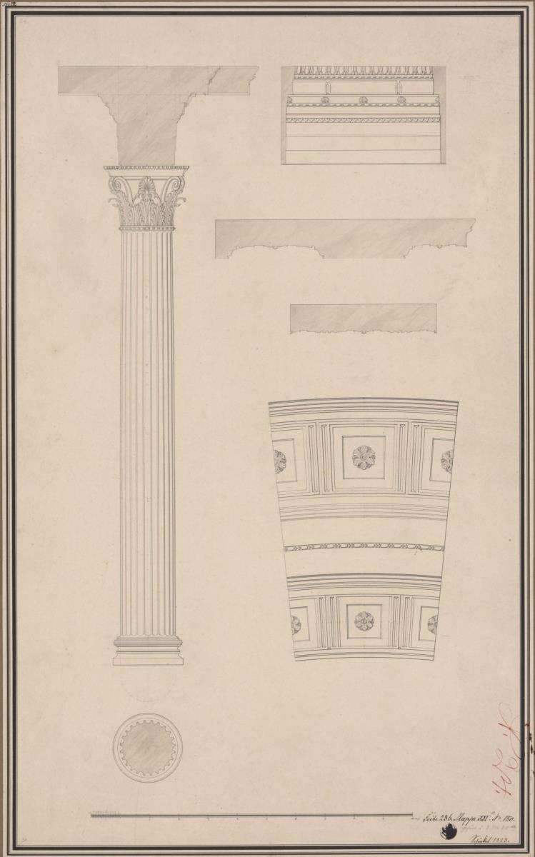 Berlin. Altes Museum am Lustgarten. Baudetails: Korinthische Säule, Ausschnitt der Kassettendecke und Pilasterfuß