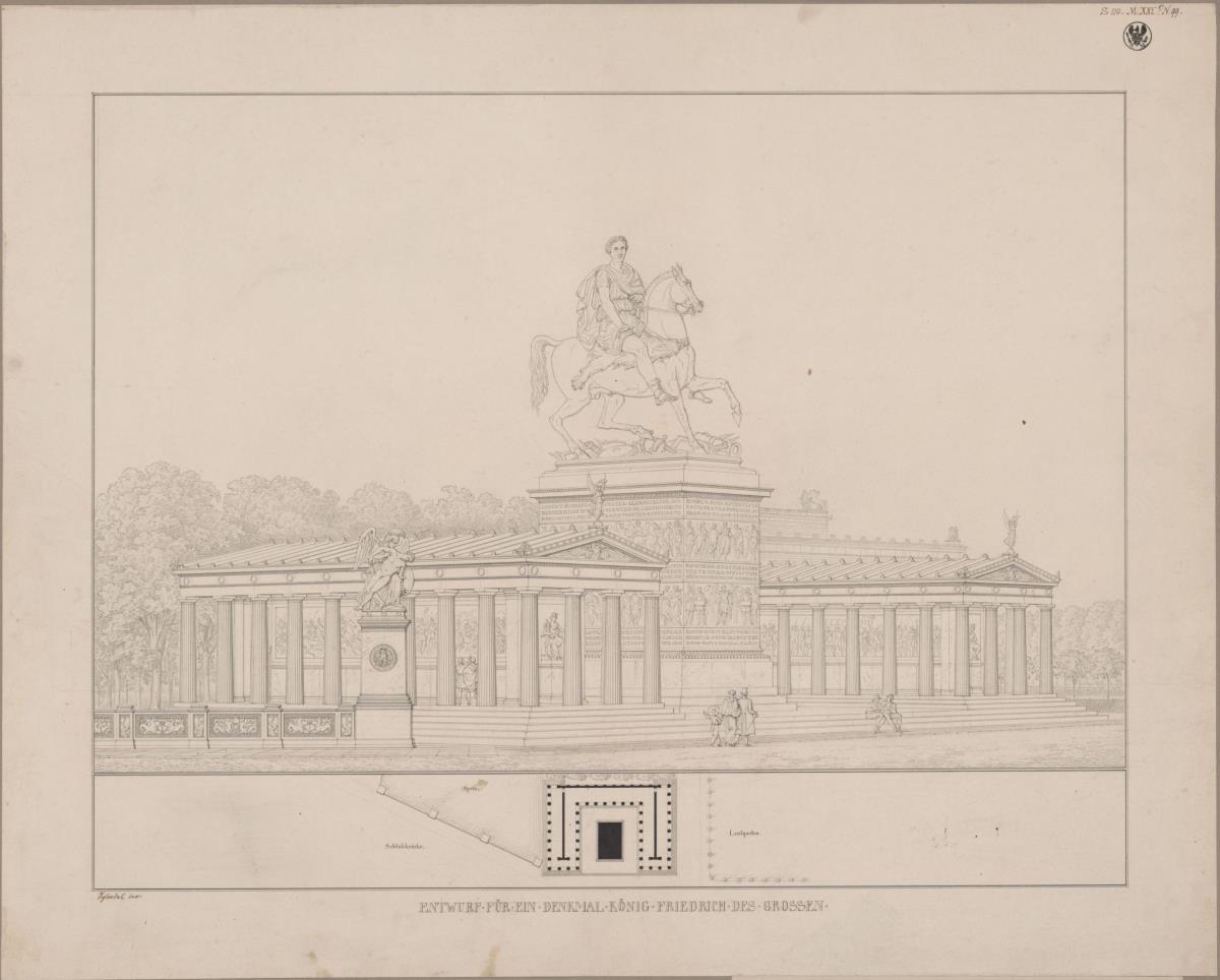 Berlin. Entwurf für ein Friedrichsdenkmal im Lustgarten. Ansicht und Lageplan mit Grundriss