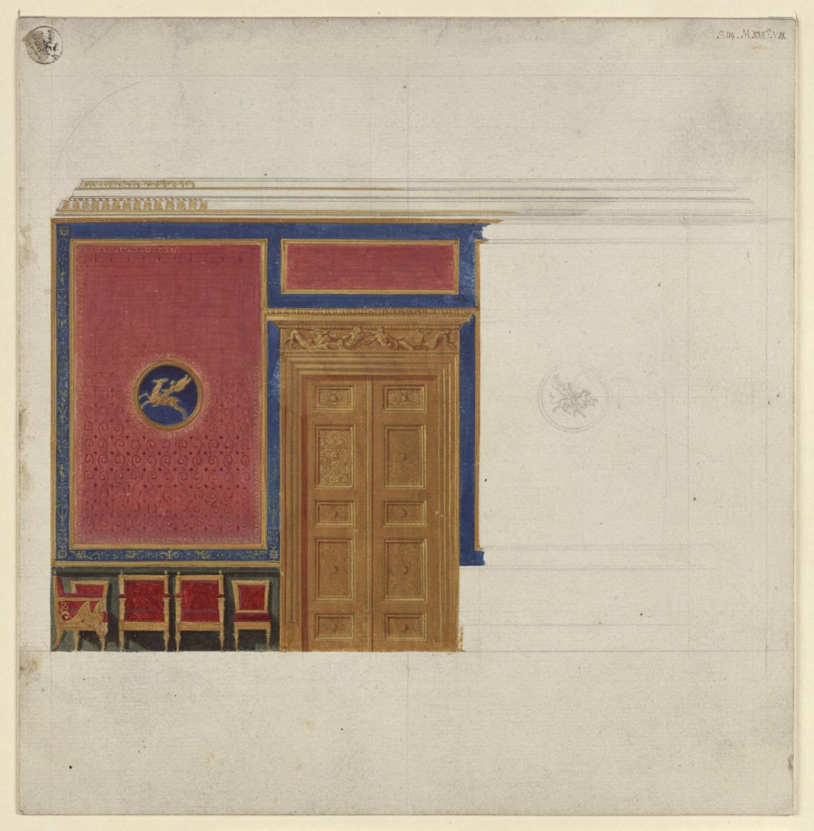 Berlin. Schloss, Wohnung Kronprinz Friedrich Wilhelms IV. von Preußen, Erstes Gesellschaftszimmer. Entwurf zur Nordwestwand