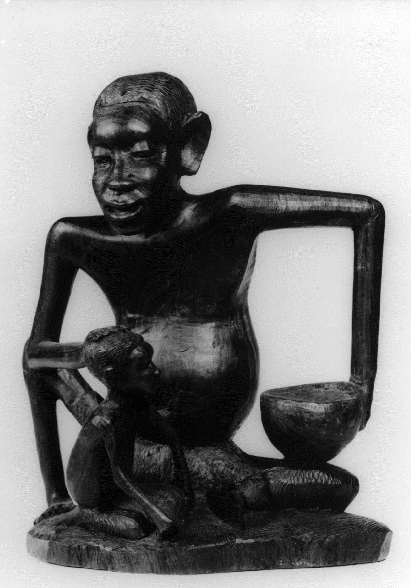 sitzende Figur mit Schale und Kind, Holz